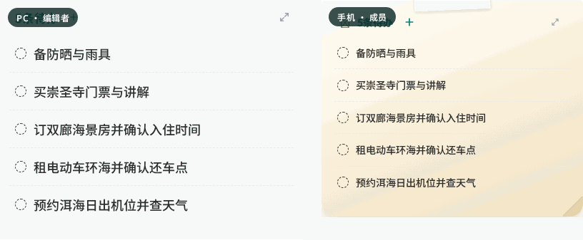多人协作实时同步：PC 勾选待办，成员手机端即时跳变